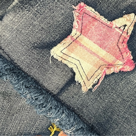 BLUE VELVET patchwork embroidery relaxed fit fray hem washed out jeans sz MEDIUM - Picture 11 of 14